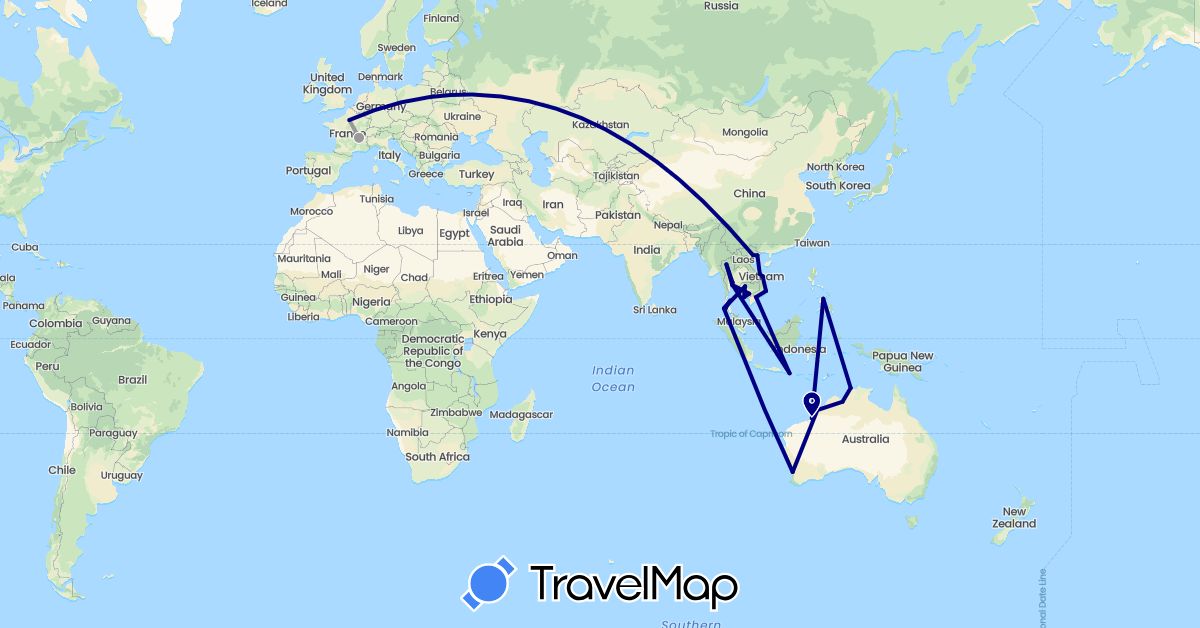 TravelMap itinerary: driving, plane in Australia, France, Indonesia, Cambodia, Philippines, Thailand, Vietnam (Asia, Europe, Oceania)